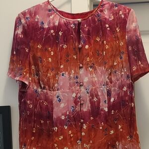 Red Short Sleeve Mandarin Collar Blouse